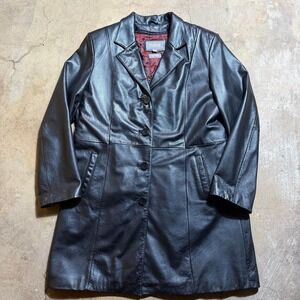 Wilsons Leather Black Genuine Leather Long Trench Coat Thinsulate Y2K XL